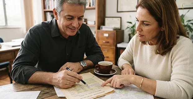 Uma contadora e um cliente revisam juntos uma planilha impressa sobre a mesa.