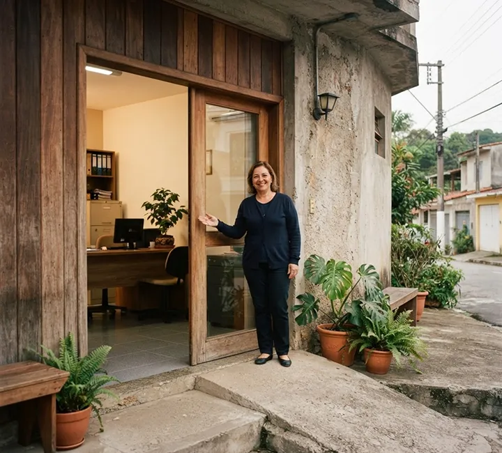 Mulher sorridente na porta de entrada do escritório, com a recepção ao fundo e vasos de plantas na calçada.