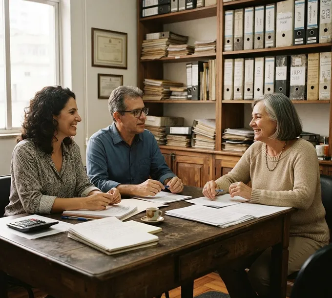 Três pessoas em reunião ao redor de uma mesa com papéis, diante de estantes com pastas de arquivo.
